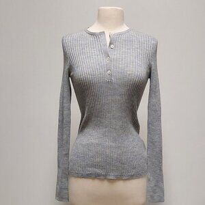 COS, Grey Heather, Lightweight, 100% Wool, L/S, Henley Sweater, Size: S